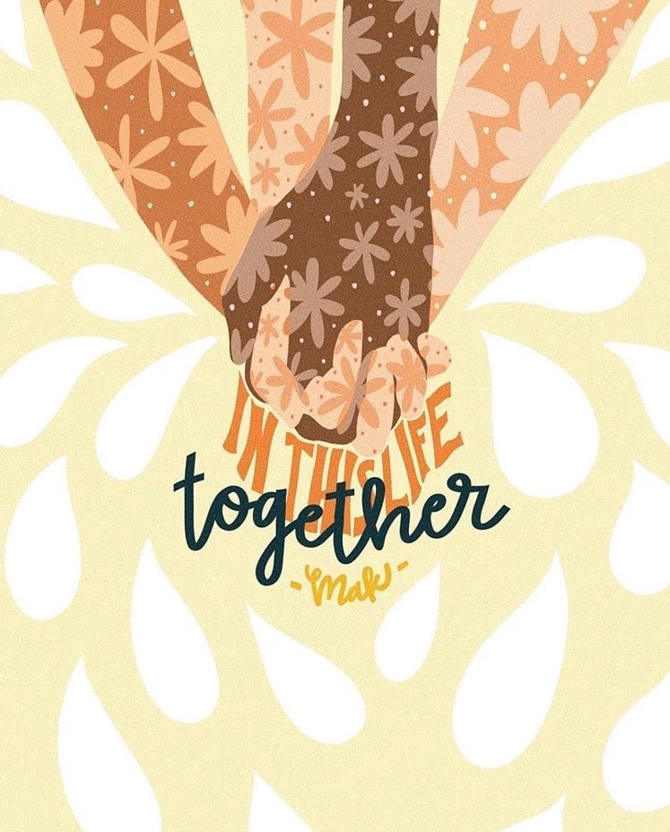 Many hands of all colors clasped together. Text reads: In This Life Together